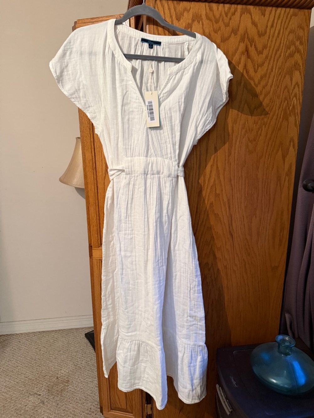 Shore brand White Cotton Gauze Tiered Midi Dress with Waist Tie